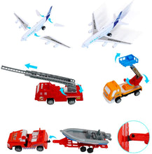 Load image into Gallery viewer, Deluxe 55-Piece Kids Commercial Airport Play Set in Storage Bucket with Toy Airplanes, Play Vehicles, Police Figures, and Accessories