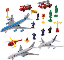 Load image into Gallery viewer, Deluxe 55-Piece Kids Commercial Airport Play Set in Storage Bucket with Toy Airplanes, Play Vehicles, Police Figures, and Accessories
