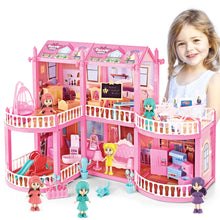 Load image into Gallery viewer, Dollhouse with 6 Doll, Dream House for Girls, Kids Pink Story Princess Castle Dolls House Playset with Furniture Accessories for Girls Boys