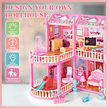 Load image into Gallery viewer, Dollhouse with 6 Doll, Dream House for Girls, Kids Pink Story Princess Castle Dolls House Playset with Furniture Accessories for Girls Boys