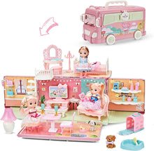 Load image into Gallery viewer, Portable Dollhouse Playset DIY Pretend Portable Caravan Camper Bus Doll Play House Furniture Toy Bedroom Set Family Toys For 3+ Kids