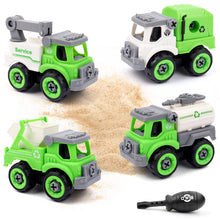 Load image into Gallery viewer, Kids Educational DIY Assembly Sanitation Truck Toy with 4 Vehicles and Screwdriver to Assemble - Green