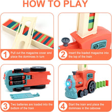 Load image into Gallery viewer, Automatic Domino Laying Electric Train Toy Set with 60Pcs Domino Blocks Sound and Light Kids Stacking Toys Domino Game for Kids (Pink)