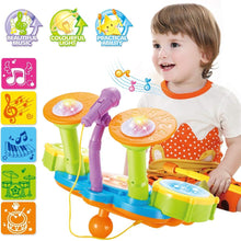 Load image into Gallery viewer, Beginners Musical Table Top Drum Kit Play Set with Drum Sticks, Microphone Light Features Interactive Music and Sounds for Kids