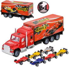 Load image into Gallery viewer, Large 1:32 Scale Trailer Truck Vehicle Play Set with 6 Assorted Race Cars