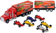 Load image into Gallery viewer, Large 1:32 Scale Trailer Truck Vehicle Play Set with 6 Assorted Race Cars