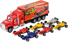 Load image into Gallery viewer, Large 1:32 Scale Trailer Truck Vehicle Play Set with 6 Assorted Race Cars