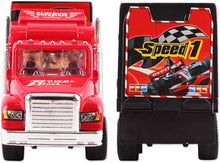 Load image into Gallery viewer, Large 1:32 Scale Trailer Truck Vehicle Play Set with 6 Assorted Race Cars