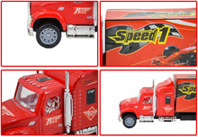 Load image into Gallery viewer, Large 1:32 Scale Trailer Truck Vehicle Play Set with 6 Assorted Race Cars