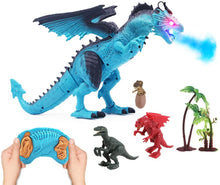 Load image into Gallery viewer, Remote Control Dinosaur Toy with Walking Simulated Roaring Fire Breathing Effect and Head-Shaking Functions for Kids 3 Mini Dino Figures