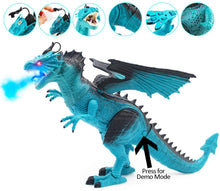 Load image into Gallery viewer, Remote Control Dinosaur Toy with Walking Simulated Roaring Fire Breathing Effect and Head-Shaking Functions for Kids 3 Mini Dino Figures