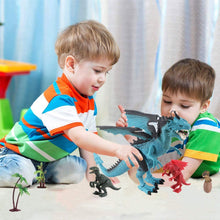 Load image into Gallery viewer, Remote Control Dinosaur Toy with Walking Simulated Roaring Fire Breathing Effect and Head-Shaking Functions for Kids 3 Mini Dino Figures