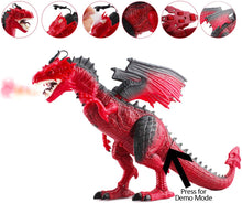 Load image into Gallery viewer, Remote Control Dinosaur Toy with Walking Simulated Roaring Fire Breathing Effect and Head-Shaking Functions for Kids 3 Mini Dino Figures Red