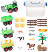 Load image into Gallery viewer, Farm Yard Fun Assembling and Disassembling Farm Vehicle Set of Tractor Trailers Construction Playset 28 Pieces Storage Box and Screwdriver
