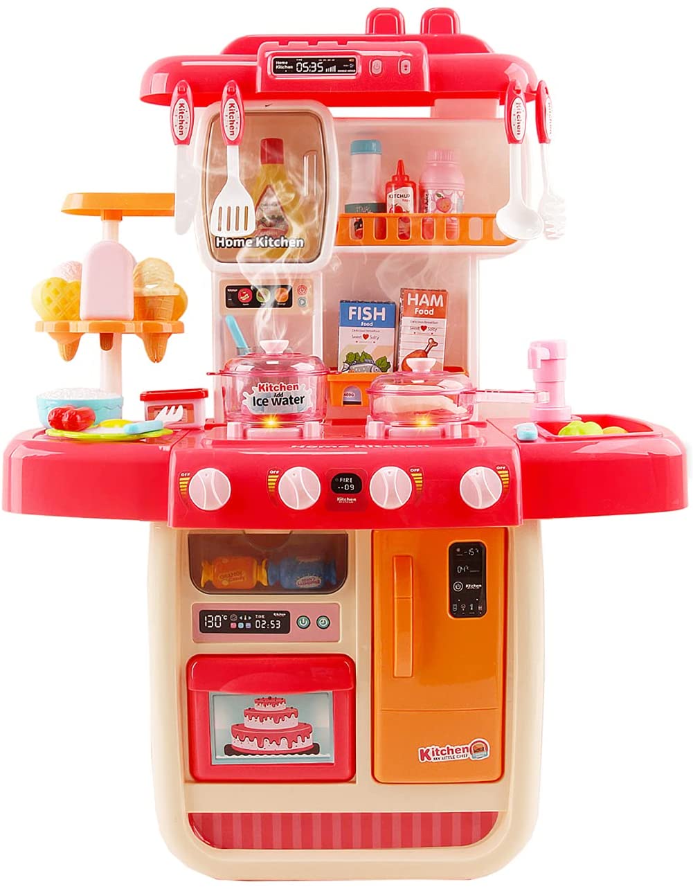 My Little Chef Miniature Kitchen Play Set with 34 Accessories Induction Hob Colour Changing Toy Food Water Light Sound Features PINK