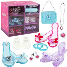 Load image into Gallery viewer, Princess Shoe and Jewelry Boutique with 4 Pairs of Shoes, Bracelets, Necklace, Bag, Earrings and Butterfly Shape Crown Tiara Included