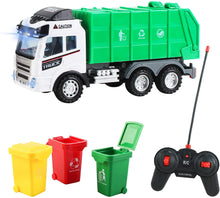 Load image into Gallery viewer, Remote Control Engineering Construction Garbage Truck Vehicle with Three Bins, Light and Sounds Functions Fun Educational Gift for Kids