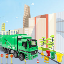 Load image into Gallery viewer, 1:10 Scale Friction Powered Engineering Construction Garbage Truck Vehicle Three Bins Inertial Automatic Sensor–Educational Gift for Kids