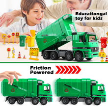 Load image into Gallery viewer, 1:10 Scale Friction Powered Engineering Construction Garbage Truck Vehicle Three Bins Inertial Automatic Sensor–Educational Gift for Kids