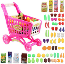 Load image into Gallery viewer, Shopping Cart Trolley for Children Play Set Includes 78 Grocery Food Fruit Vegetables Shop Accessories for Kids Boys and Girls (PINK)