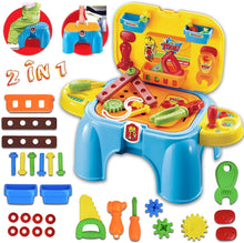 Load image into Gallery viewer, Work Bench Playset with Tools Set - Handy 2in1 Carrycase & Stool with Accessories including Saw, Spanner, Hammer, Pliers