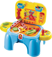 Load image into Gallery viewer, Work Bench Playset with Tools Set - Handy 2in1 Carrycase & Stool with Accessories including Saw, Spanner, Hammer, Pliers