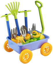 Load image into Gallery viewer, Pull along Kids Wagon Wheelbarrow and Gardening Tools Play Set Includes 10 Accessories and 4 Plant Pots