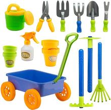 Load image into Gallery viewer, Pull along Kids Wagon Wheelbarrow and Gardening Tools Play Set Includes 10 Accessories and 4 Plant Pots