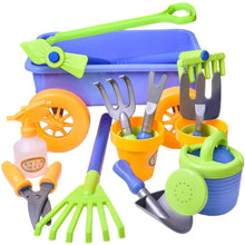 Load image into Gallery viewer, Pull along Kids Wagon Wheelbarrow and Gardening Tools Play Set Includes 10 Accessories and 4 Plant Pots