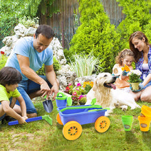 Load image into Gallery viewer, Pull along Kids Wagon Wheelbarrow and Gardening Tools Play Set Includes 10 Accessories and 4 Plant Pots