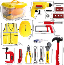 Load image into Gallery viewer, 33 Pieces Pretend Tool Play Set with Box Case, Helmet Safety Vest Role Play Educational Toys Great Birthday Christmas Gift for Kids