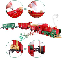 Load image into Gallery viewer, Christmas Theme Classic Train Set for Kids with Light Realistic Sounds, Smoke Effect 3 Cars carriage and Tracks For Christmas