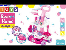 Load and play video in Gallery viewer, Housekeeping Cleaning Trolley Playset Caddy Includes Accessories and Toy Vacuum with Sounds and Lights