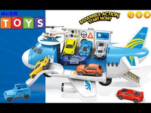 Load and play video in Gallery viewer, Transport Cargo DIY Plane Car Toy Play Set with Ramp and 4 Mini Car, 1 Helicopter Included - Fun Educational Toy for Kids