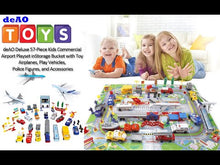 Load and play video in Gallery viewer, Deluxe 55-Piece Kids Commercial Airport Play Set in Storage Bucket with Toy Airplanes, Play Vehicles, Police Figures, and Accessories