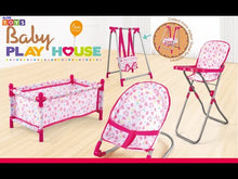 Load and play video in Gallery viewer, Kids Deluxe 5 -in-1 Baby Doll Pretend Play Set with Cot Bed Bouncer Adjustable Swing Seat and High Chair Accessories (Doll Not Included)
