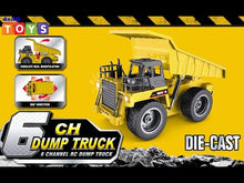Load and play video in Gallery viewer, 1:18 Construction Toy Car 6 Channel Remote Control Truck Fully Functional Die Cast RC Dumper Truck with LED Light Sound Toys for Kids