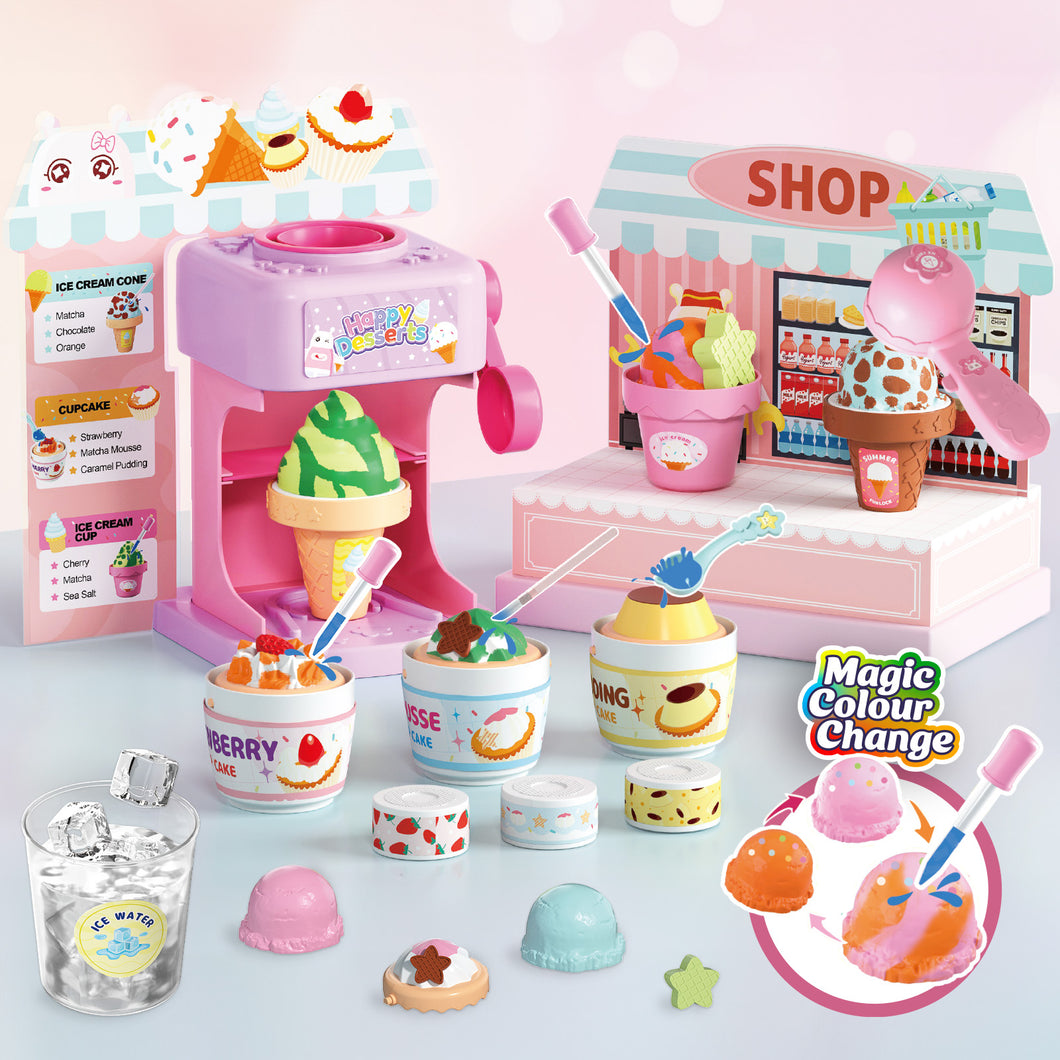 2-in-1 Color Changing Dessert Maker Playset -Ice Cream & Cake Toy with Ice Water Colour Change, Pretend Play Kitchen Toys for Kids,Birthday Gifts for Girls & Boys