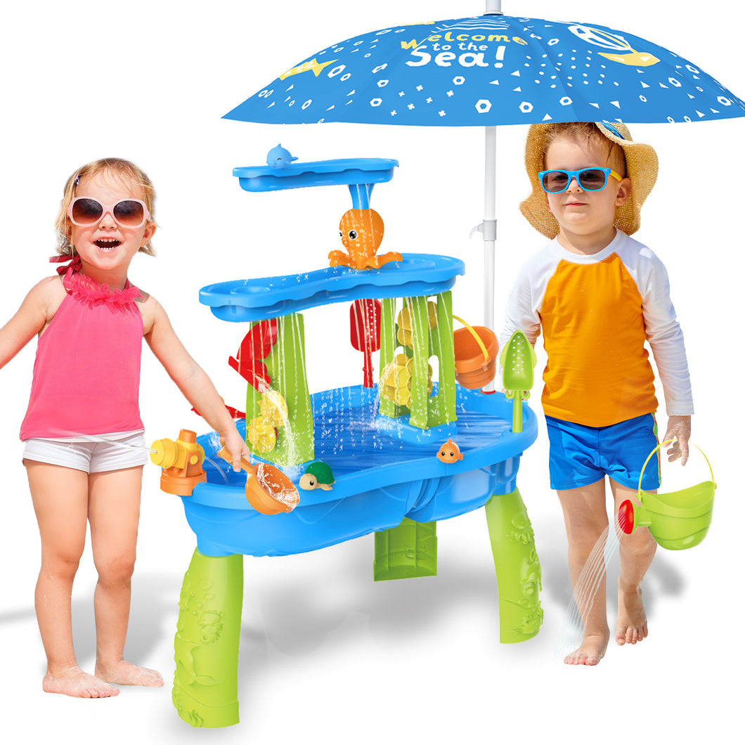 3-Tier Sand and Water Table with Umbrella & Beach Toys  Outdoor Sand Water Play Table for Kids Summer Backyard Toy with Water Wheel, Buckets, and Accessories, Ideal for Boys & Girls