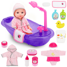 Load image into Gallery viewer, Baby Doll Set with Bathtub, Doll Bath Set - Real Working Bathtub with Detachable Shower Spray and Accessories for Kids Pretend Play Ages 3+
