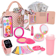 Load image into Gallery viewer, Kids Pretend Play Purse Set with Accessories – Girls Role Play Handbag Toy with Play Smartphone, Wallet, Fake Cash, Cards, Watch, Makeup, Hairbrush &amp; Travel Cup – Educational Princess Dress Up Gifts for Girls Ages 3+
