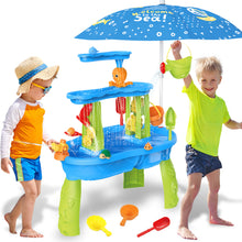 Load image into Gallery viewer, 3-Tier Sand and Water Table with Umbrella &amp; Beach Toys  Outdoor Sand Water Play Table for Kids Summer Backyard Toy with Water Wheel, Buckets, and Accessories, Ideal for Boys &amp; Girls

