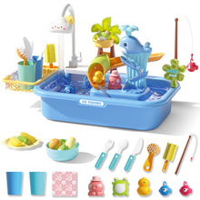 Load image into Gallery viewer, Pretend Play Kitchen Sink with Real Running Water -4-in-1 Water Play Table, Floating Pool, Fishing &amp; Duck Slide Game - Interactive Washing Up Toy for Toddlers &amp; Kids (Blue
