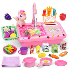 Load image into Gallery viewer, Kids Kitchen Sink Playset with Real Running Water ¨C Includes Colorful Food Accessories, Cookware, Hanging Rack, Chopping Board, and Ample Storage Space ¨C Fun and Educational Role-Play Toy for Boys and Girls Aged 3+
