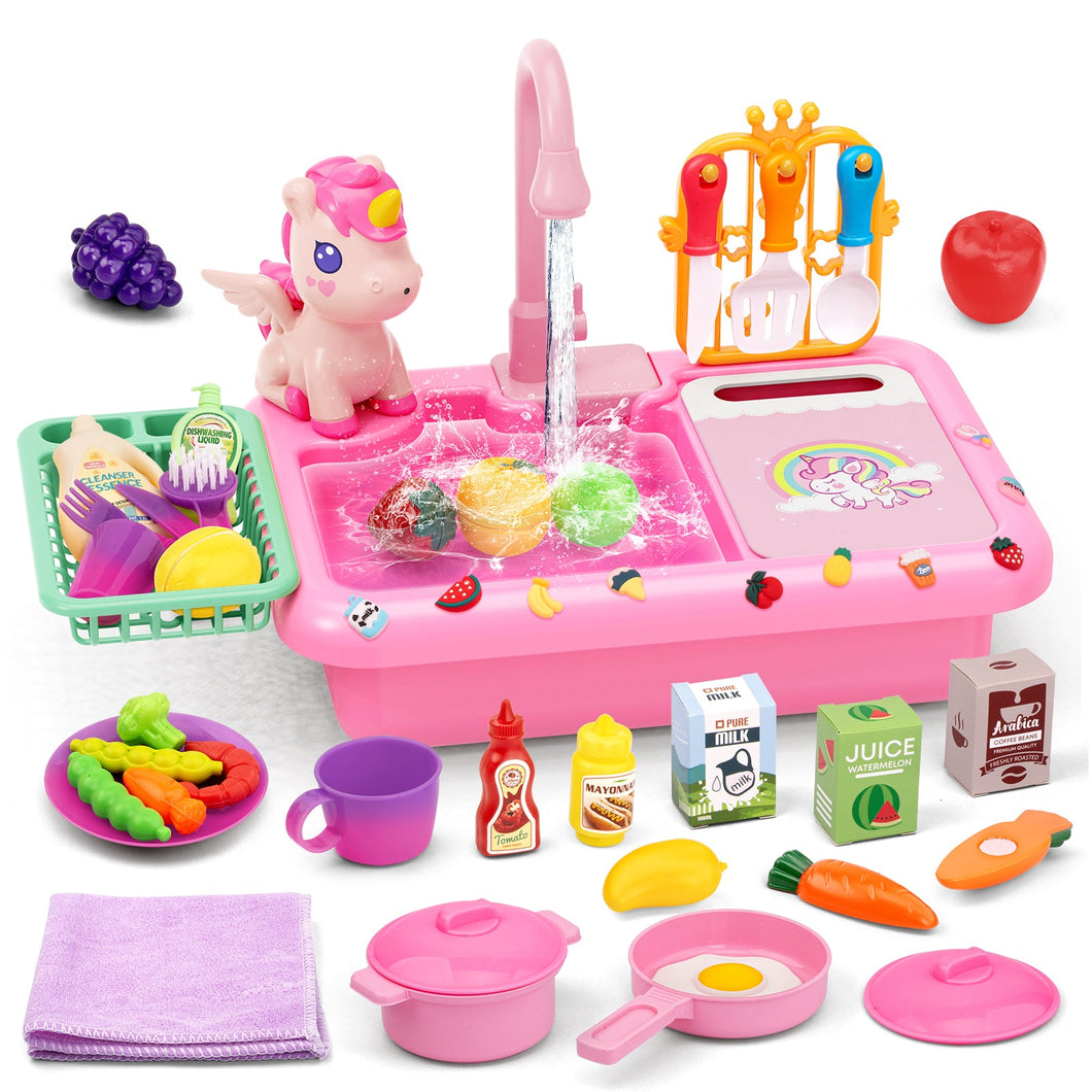 Kids Kitchen Sink Playset with Real Running Water ¨C Includes Colorful Food Accessories, Cookware, Hanging Rack, Chopping Board, and Ample Storage Space ¨C Fun and Educational Role-Play Toy for Boys and Girls Aged 3+