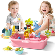 Load image into Gallery viewer, Pretend Play Kitchen Sink with Real Running Water -4-in-1 Water Play Table, Floating Pool, Fishing &amp; Duck Slide Game - Interactive Washing Up Toy for Toddlers &amp; Kids (Blue
