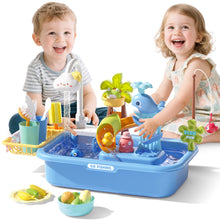 Load image into Gallery viewer, Pretend Play Kitchen Sink with Real Running Water -4-in-1 Water Play Table, Floating Pool, Fishing &amp; Duck Slide Game - Interactive Washing Up Toy for Toddlers &amp; Kids (Blue
