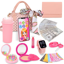 Load image into Gallery viewer, Kids Pretend Play Purse Set with Accessories – Girls Role Play Handbag Toy with Play Smartphone, Wallet, Fake Cash, Cards, Watch, Makeup, Hairbrush &amp; Travel Cup – Educational Princess Dress Up Gifts for Girls Ages 3+
