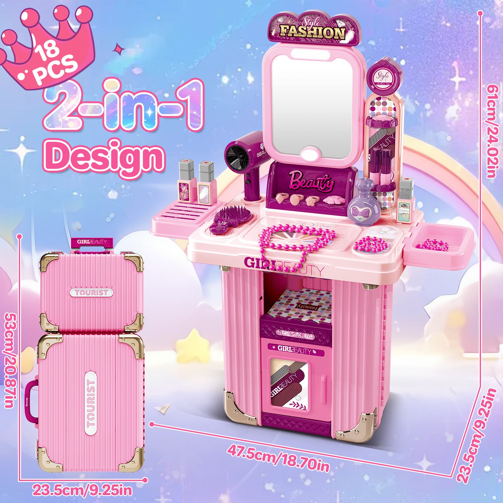 Kids Beauty Vanity Set with Suitcase Dressing Table Hair Salon Pretend –  deaotoys