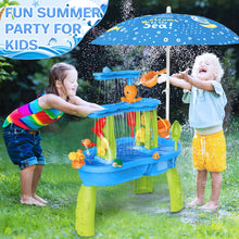 Load image into Gallery viewer, 3-Tier Sand and Water Table with Umbrella &amp; Beach Toys  Outdoor Sand Water Play Table for Kids Summer Backyard Toy with Water Wheel, Buckets, and Accessories, Ideal for Boys &amp; Girls

